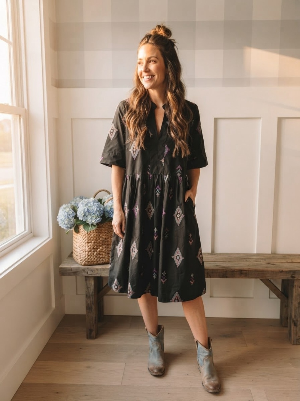 Embroidered Cottob Black Midi Dress with Purple 6